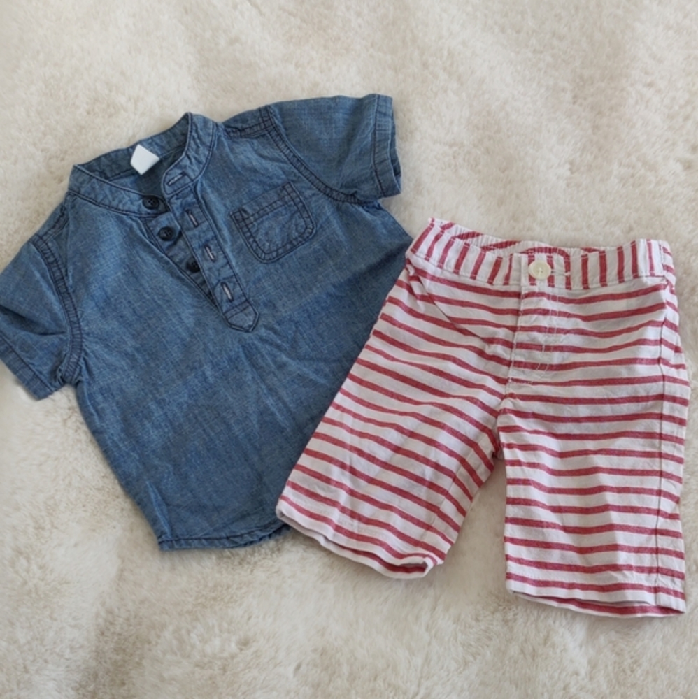 FLASH SALE🔥Blue Denim Shirt and Striped Shorts Set